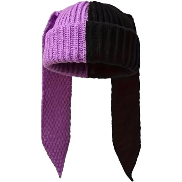 BLSCODE 1pc Cute Long Fluffy Bunny Ears Knitted Beanie Hat  Women\'s Black Purple Cute Bunny Long Ears Rabbit Winter Warm Beanie Hats